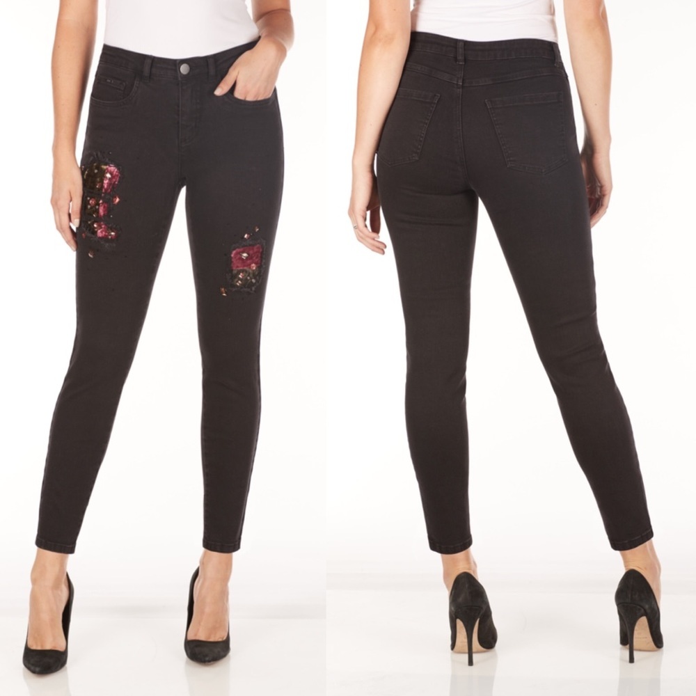 FDJ Olivia Slim Fit Ankle Jeans Black‎ Jewel Embellishment High Rise Denim Pants